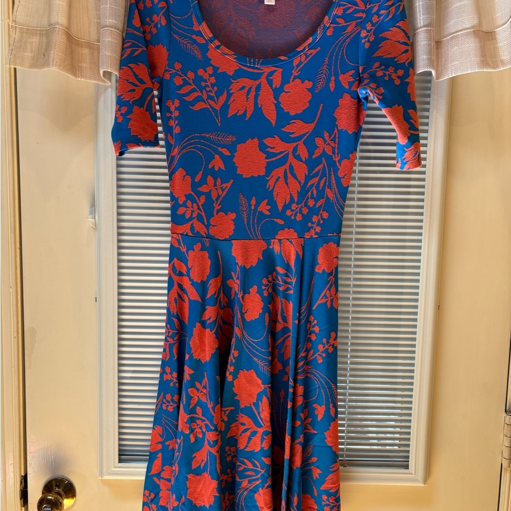 LuLaRoe Orange and Pink Fit and Flare Dress with Puff Sleeves